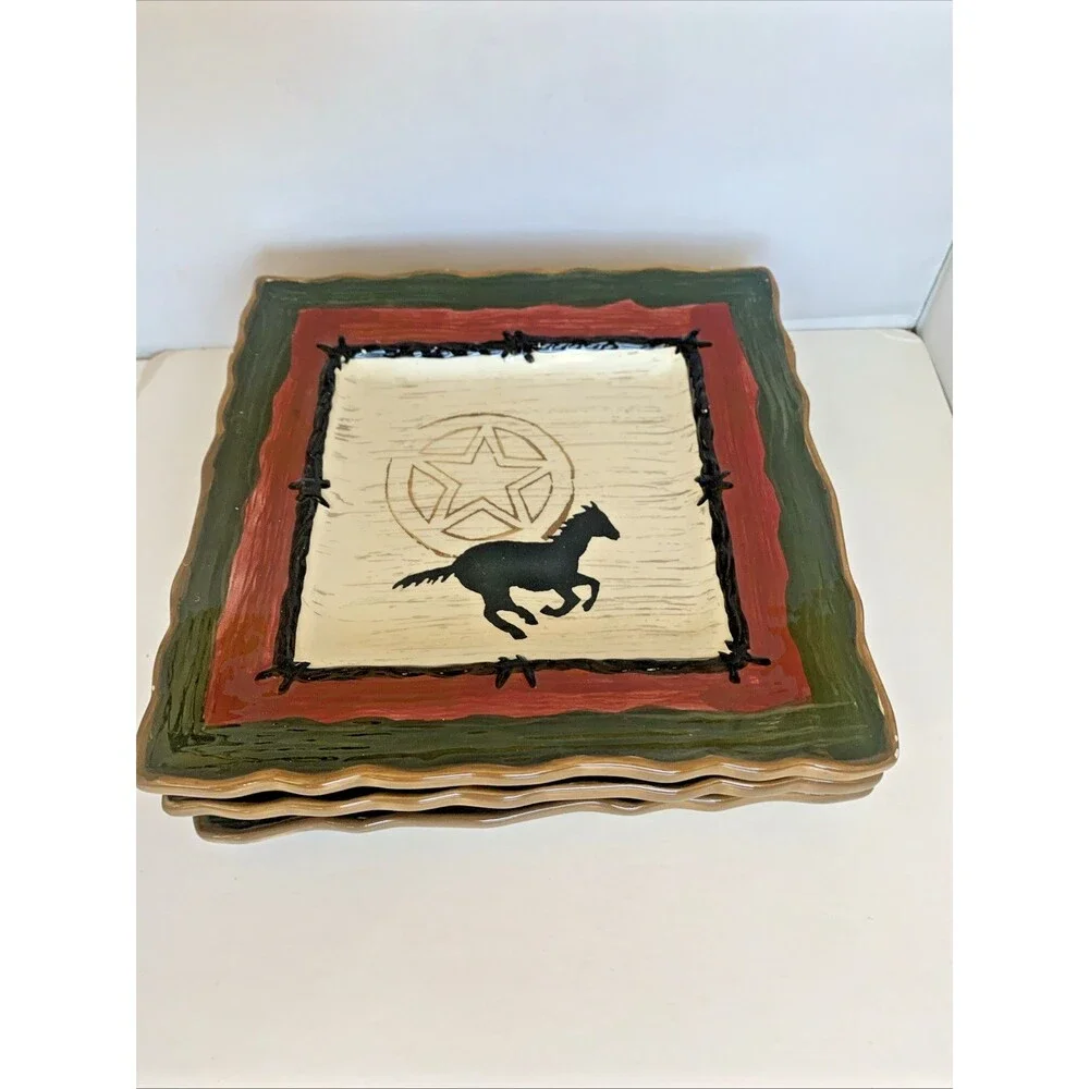 3 Sonoma Happy Trails 8” Square Salad Plates western style horse cowboy star